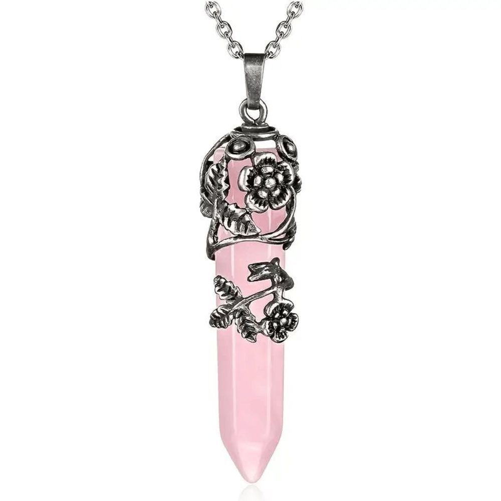 Silver Flower Wrapped In Natural Rose Quartz Pendant Necklace Healing Gift